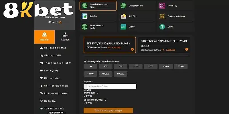 Điều kiện nạp tiền 8KBET